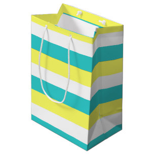 Aqua Blue, Lemon Yellow and White Stripes Medium Gift Bag