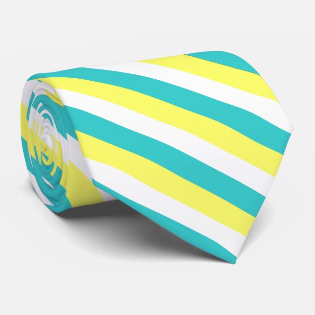 Aqua Blue, Lemon Yellow and White Stripes Tie (Rolled)