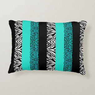 Aqua Blue Leopard and Zebra Animal Print Decorative Cushion