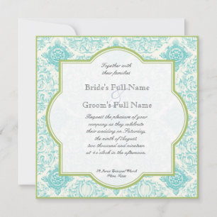 Aqua Blue Lime Iris Quatrefoil Wedding Invite
