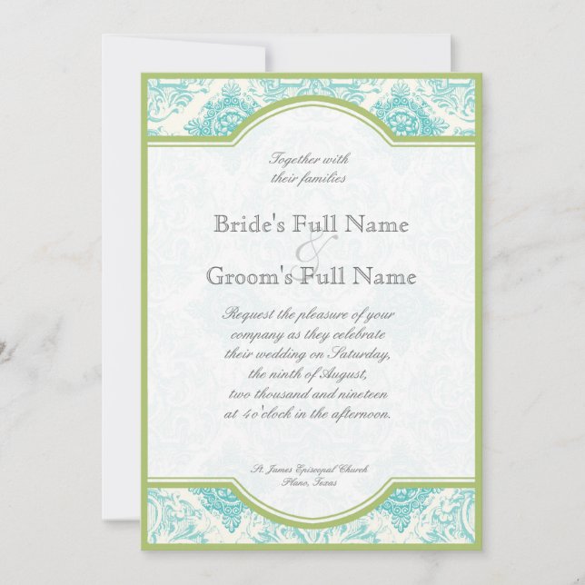 Aqua Blue Lime Toile Quatrefoil Wedding Invite (Front)