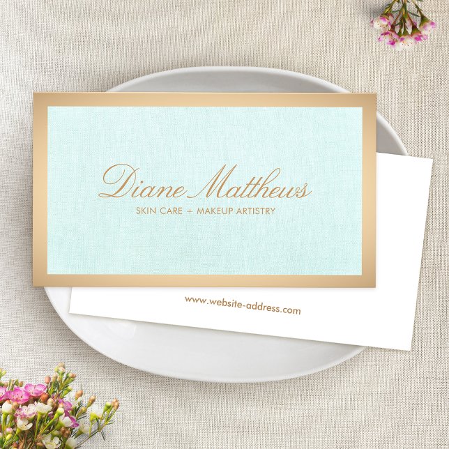 Aqua Blue Linen , Rose Gold Border Skin Care Spa Business Card (Creator Uploaded)