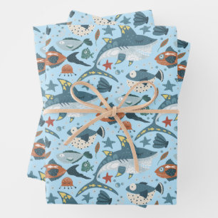 Aqua Blue Little Shark Under The Sea Kids Birthday Wrapping Paper Sheet