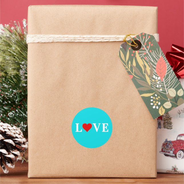 Aqua Blue LOVE Heart Classic Round Sticker (Holiday)