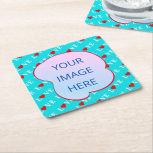 Aqua Blue LOVE Modern Chic Square Paper Coaster