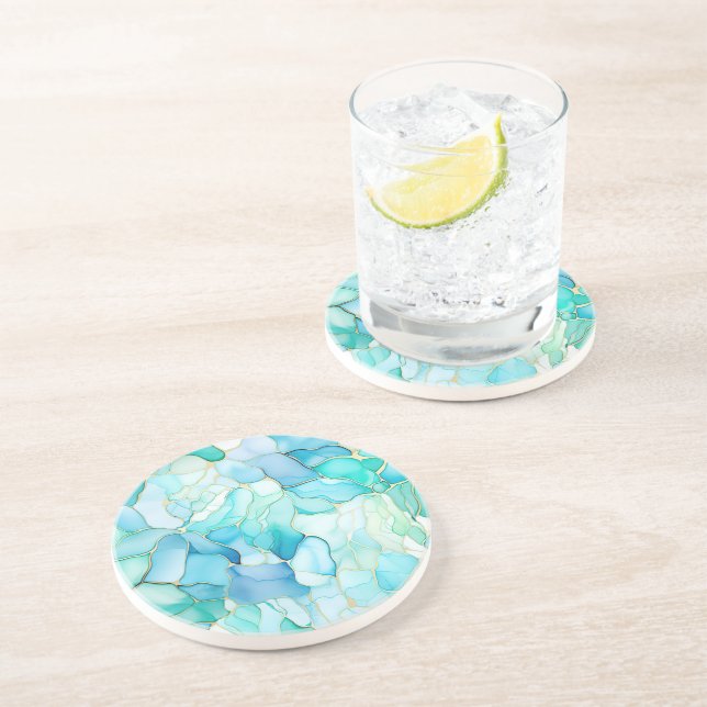 Aqua Blue Marble Abstract Coaster (Side)