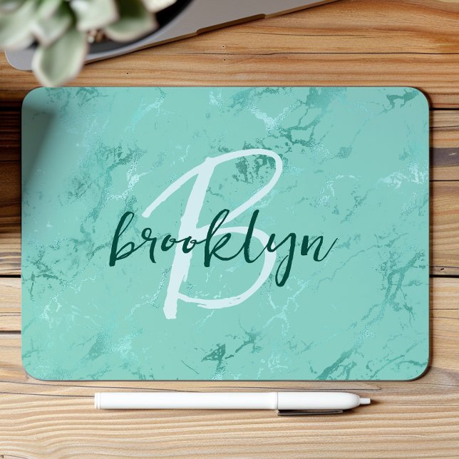 Aqua Blue Marble Foil Script Monogram Mouse Mat (Creator Uploaded)