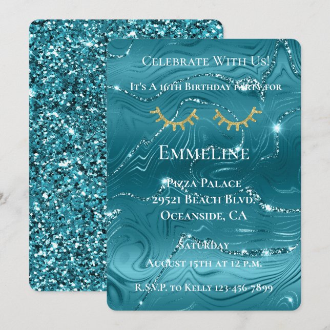 Aqua Blue Marble Glitzy Gold Glitter Eyelashes  Invitation (Front/Back)