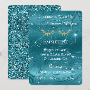 Aqua Blue Marble Glitzy Gold Glitter Eyelashes  Invitation