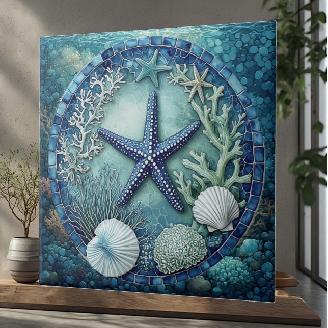 Aqua blue Marine Life Starfish Coral Reef Seashell Tile (Aqua blue Marine Life Starfish Coral Reef Seashell Ceramic Tile)
