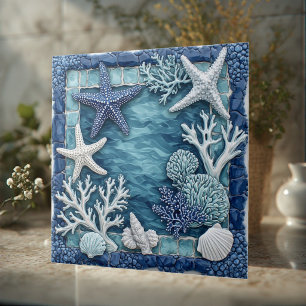 Aqua blue Marine Life Starfish Coral Reef Tropical Tile