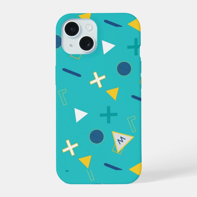 Aqua Blue Memphis Monogram iPhone 15 Case (Back)