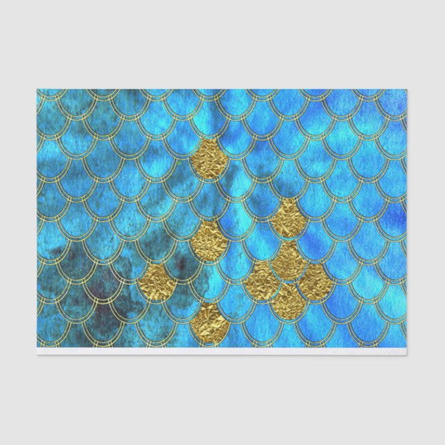 Aqua blue Mermaid Scales with gold glitter Tissue Paper (Front)