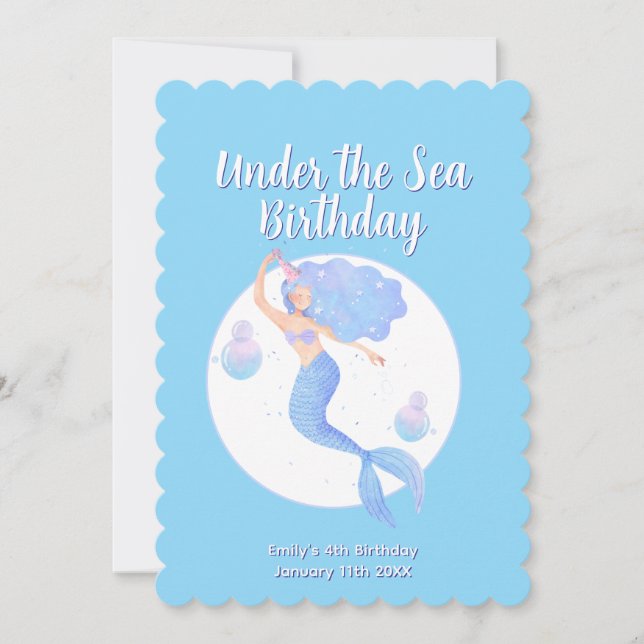 Aqua Blue Mermaid Theme Kids Birthday Party Invitation (Front)