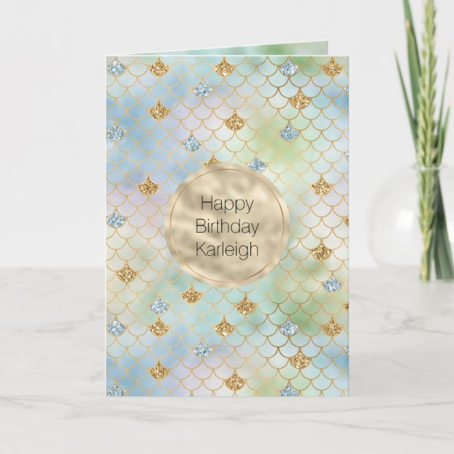 Aqua Blue Mint Gold Glitter Mermaid           Card (Front)