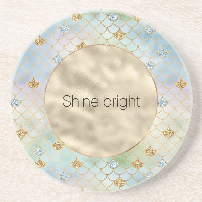 Aqua Blue Mint Gold Glitter Mermaid          Coaster (Front)