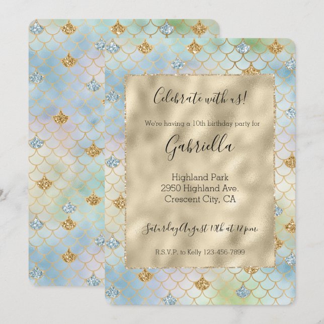 Aqua Blue Mint Gold Glitter Mermaid Invitation (Front/Back)