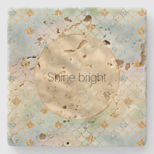 Aqua Blue Mint Gold Glitter Mermaid            Stone Coaster
