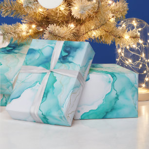 Aqua Blue Mint Gold White Marble Wrapping Paper