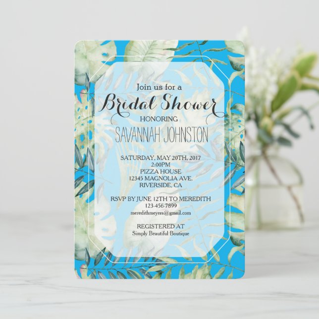 Aqua Blue Mint Green Tropical Leaves Bridal Shower Invitation (Standing Front)