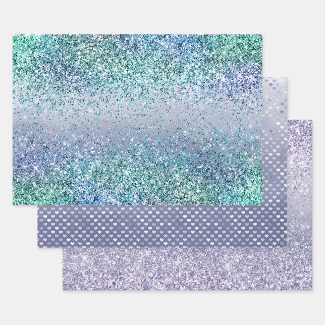 Aqua Blue Mint Purple Glitter Sparkle Wrapping Paper Sheet (Set)