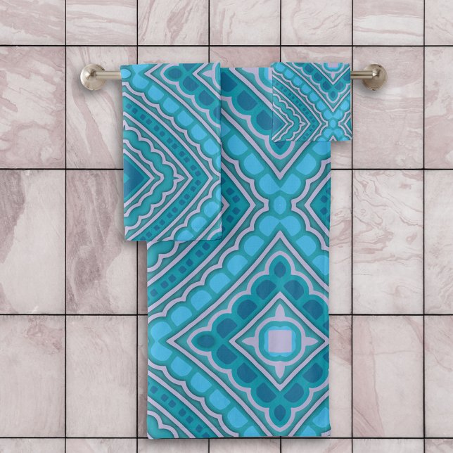 Aqua Blue Mint Teal Turquoise Ethnic Boho Pattern Bath Towel Set (Creator Uploaded)
