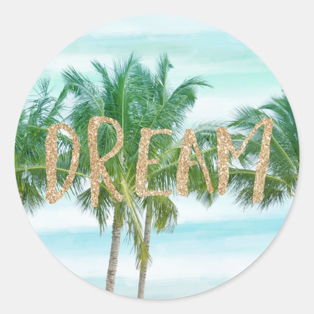 Aqua Blue Mint White Palm Trees Glitter Dream   Classic Round Sticker (Front)