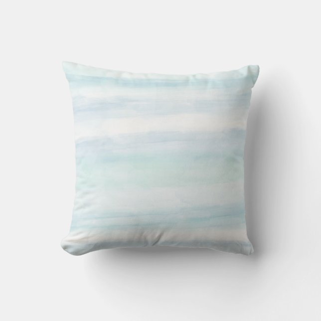 Aqua Blue Mint White Watercolor Stripes Cushion (Front)