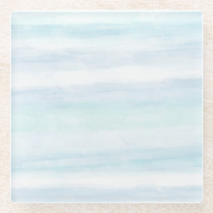 Aqua Blue Mint White Watercolor Stripes Glass Coaster