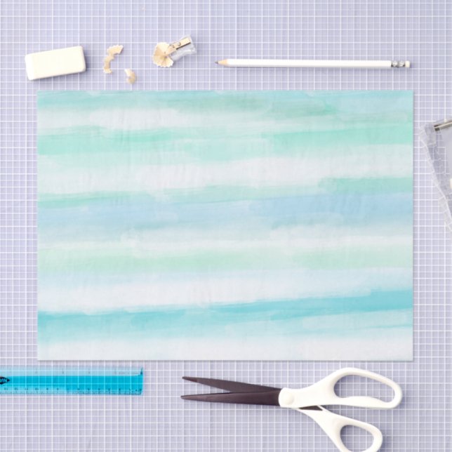 Aqua Blue Mint White Watercolor Stripes II Tissue Paper (Craft)