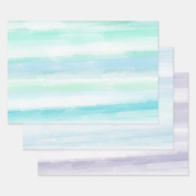 Aqua Blue Mint White Watercolor Stripes II Wrapping Paper Sheet (Set)