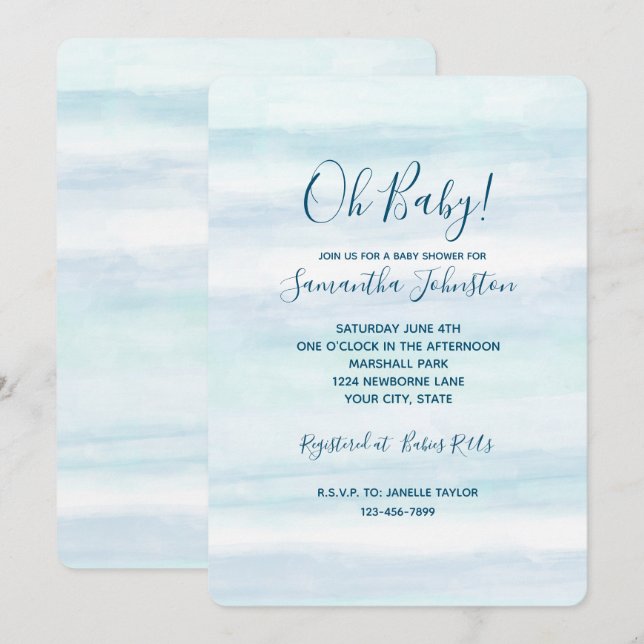 Aqua Blue Mint White Watercolor Stripes Ombre Invitation (Front/Back)