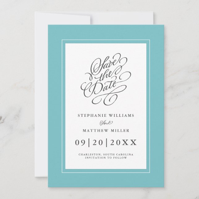 Aqua Blue Modern Elegant Wedding Save The Date (Front)