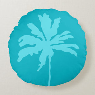 Aqua Blue Modern Tropical Palm Tree Summer Home Round Cushion