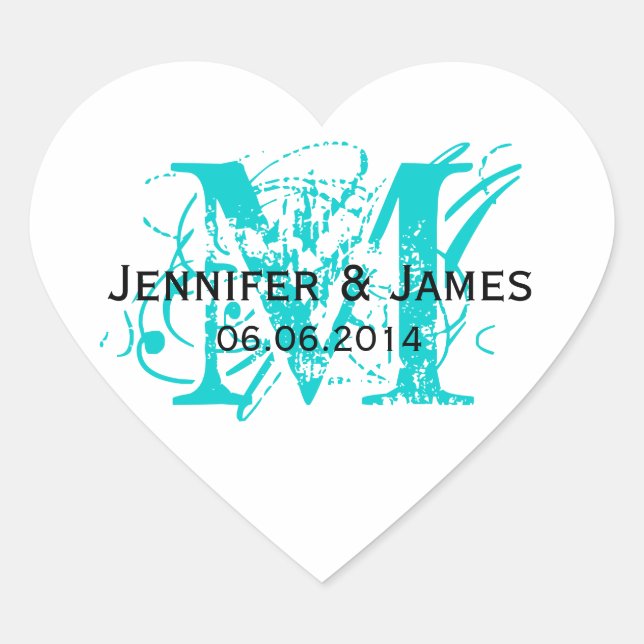 Aqua Blue Monogram Wedding Stickers Heart Shape (Front)