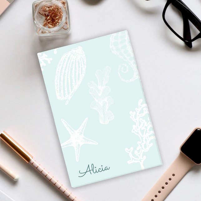 Aqua blue nautical pattern name personalised post-it notes (Creator Uploaded)
