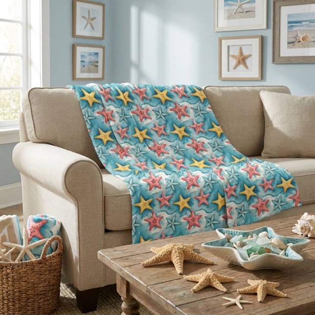 Aqua Blue Nautical Starfish Fleece Blanket (Creator Uploaded)