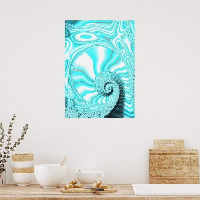 Aqua Blue Nautilus Shell Spiral Fractal Abstract Poster (Kitchen)