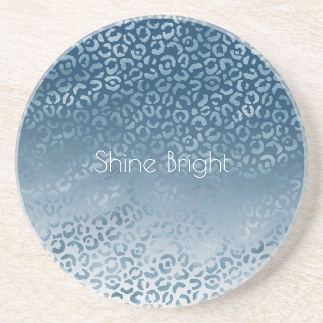 Aqua Blue Navy Ombre Leopard Print Coaster (Front)