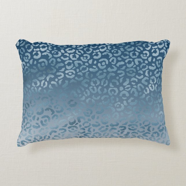 Aqua Blue Navy Ombre Leopard Print Decorative Cushion (Front)