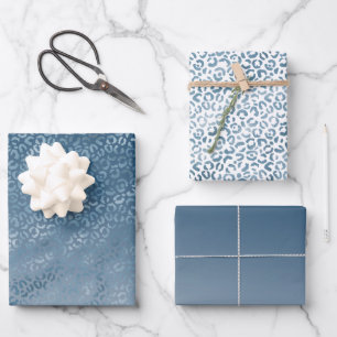 Aqua Blue Navy Ombre Leopard Print Wrapping Paper Sheet