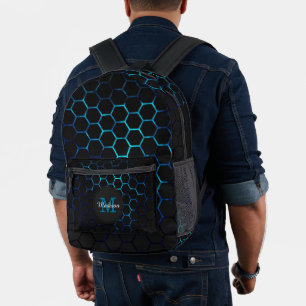 Aqua blue neon honeycomb geometry Monogram Black Printed Backpack