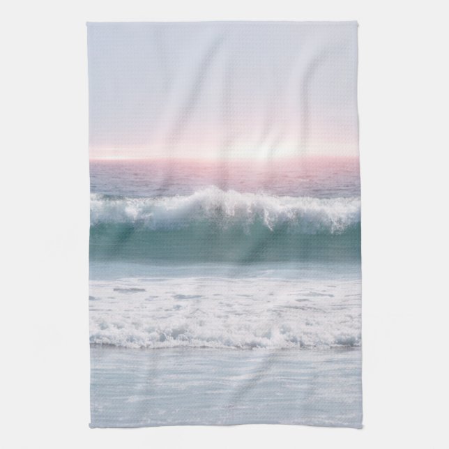 Aqua Blue Ocean Wave Sunset Art Kitchen Tea Towel (Vertical)