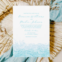 Aqua Blue Ocean Waves Beach Wedding Invitation