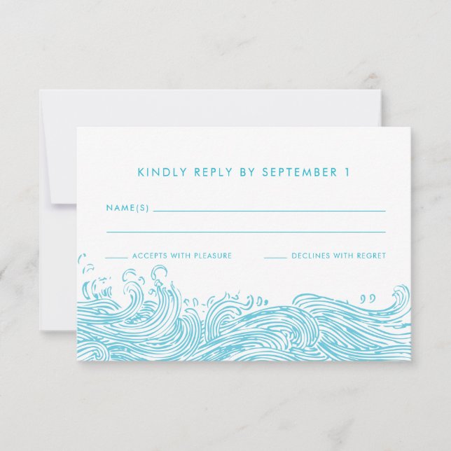 Aqua Blue Ocean Waves Beach Wedding RSVP Card (Front)