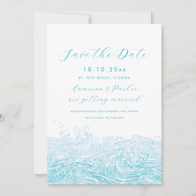Aqua Blue Ocean Waves Beach Wedding Save The Date (Front)