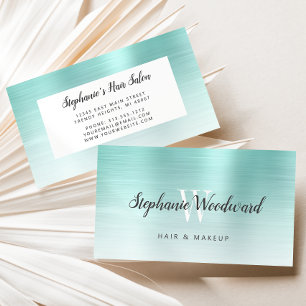 Aqua Blue Ombre Brushed Metal Monogram Hair Salon Business Card