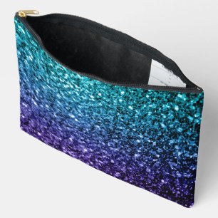 Aqua blue ombre faux glitter sparkles accessory pouch