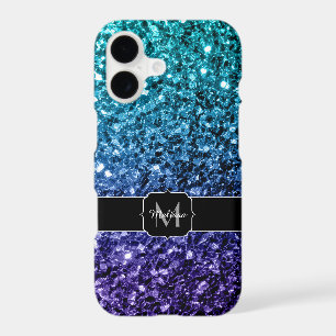 Aqua blue Ombre faux glitter sparkles Monogram