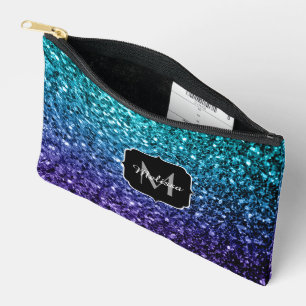 Aqua blue ombre faux glitter sparkles Monogram Accessory Pouch